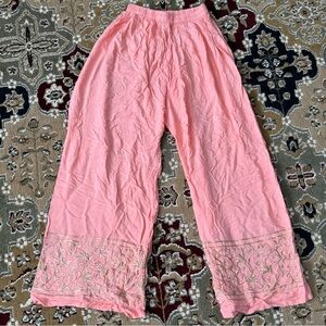 Peach Wide-Leg Cotton Pants/Kurta Bottoms Golden Embroidered Designs Size L